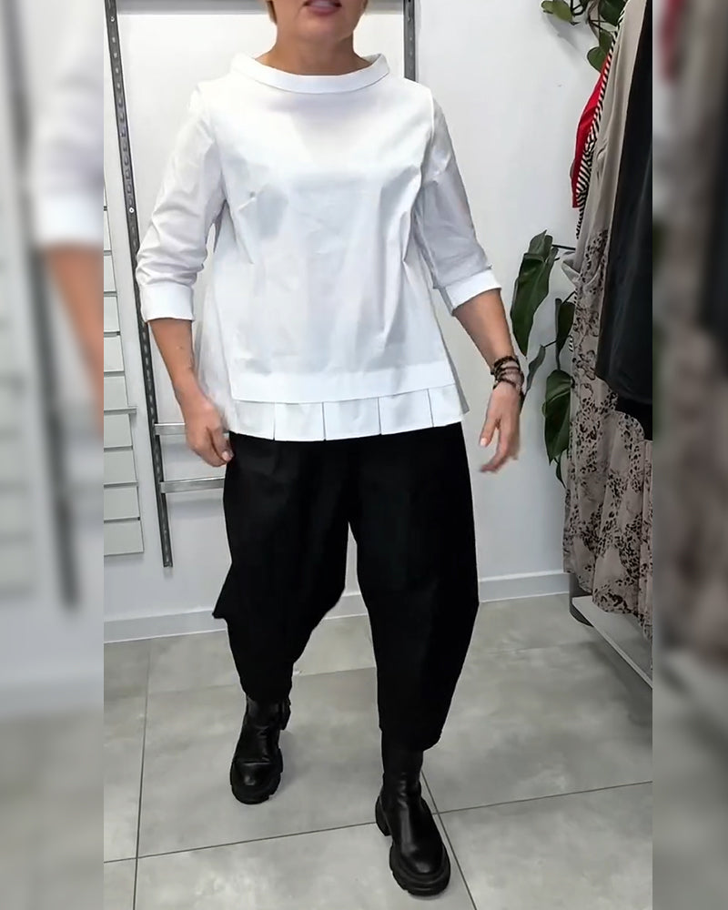 100% Coton Blouse Col Large Couleur Unie Décontracté