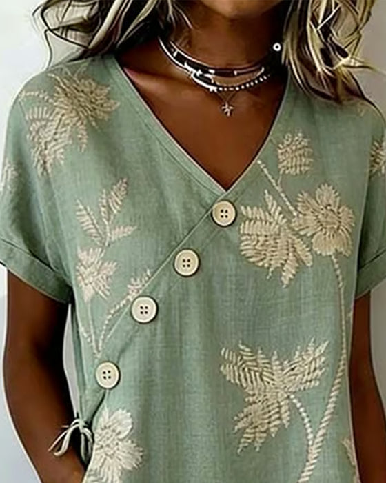 Robe Bouton Diagonal Imprimé Col V Midi