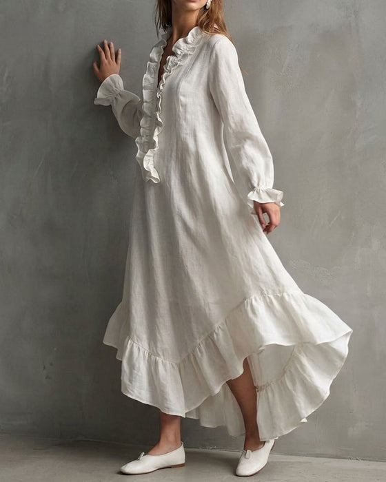 Robe Manches Longues Volant Encolure V Maxi