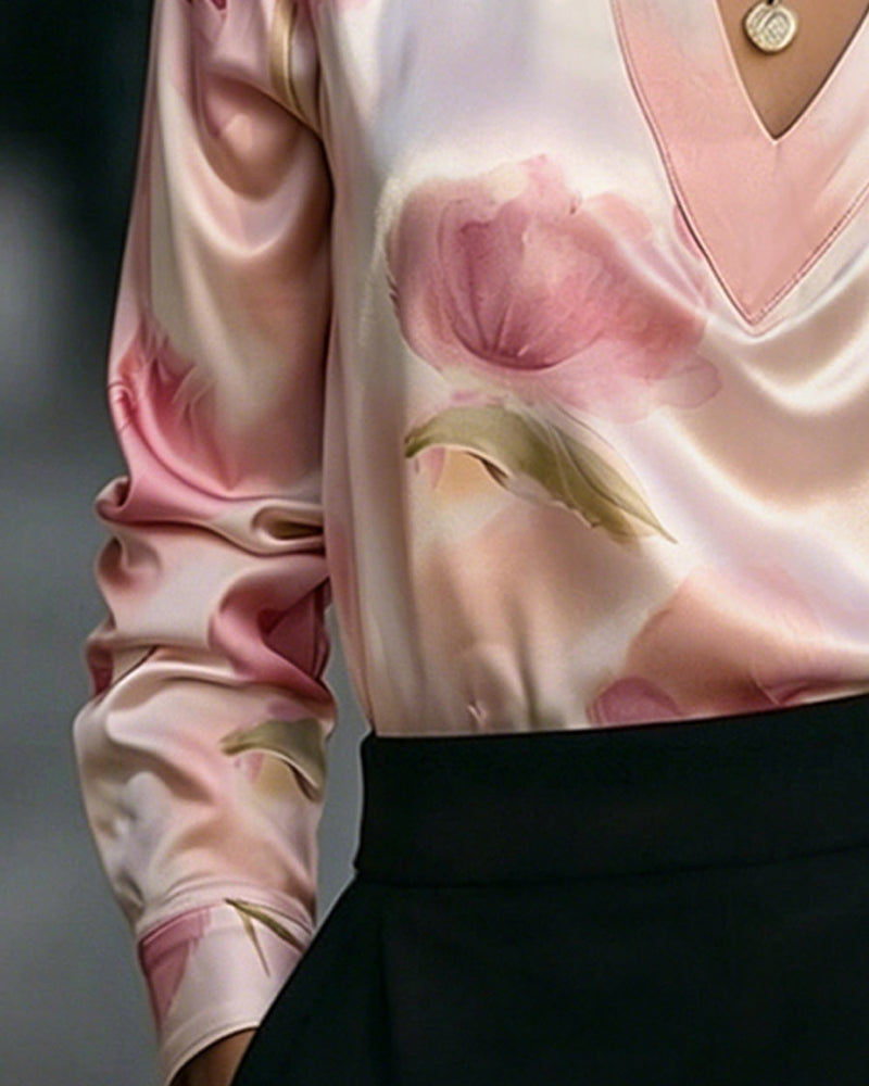 Blouse Revers Col En V Imprimé Fleuri Manches Longues