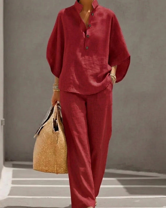 Ensemble Col Monté Manche Chauve-Souris Large Jambe Pantalon