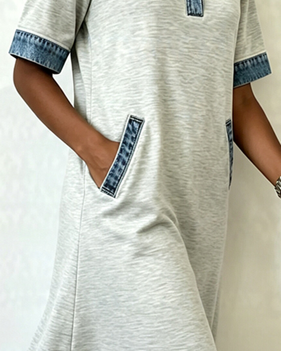 Robe Col Chemise Denim Patchwork Poche