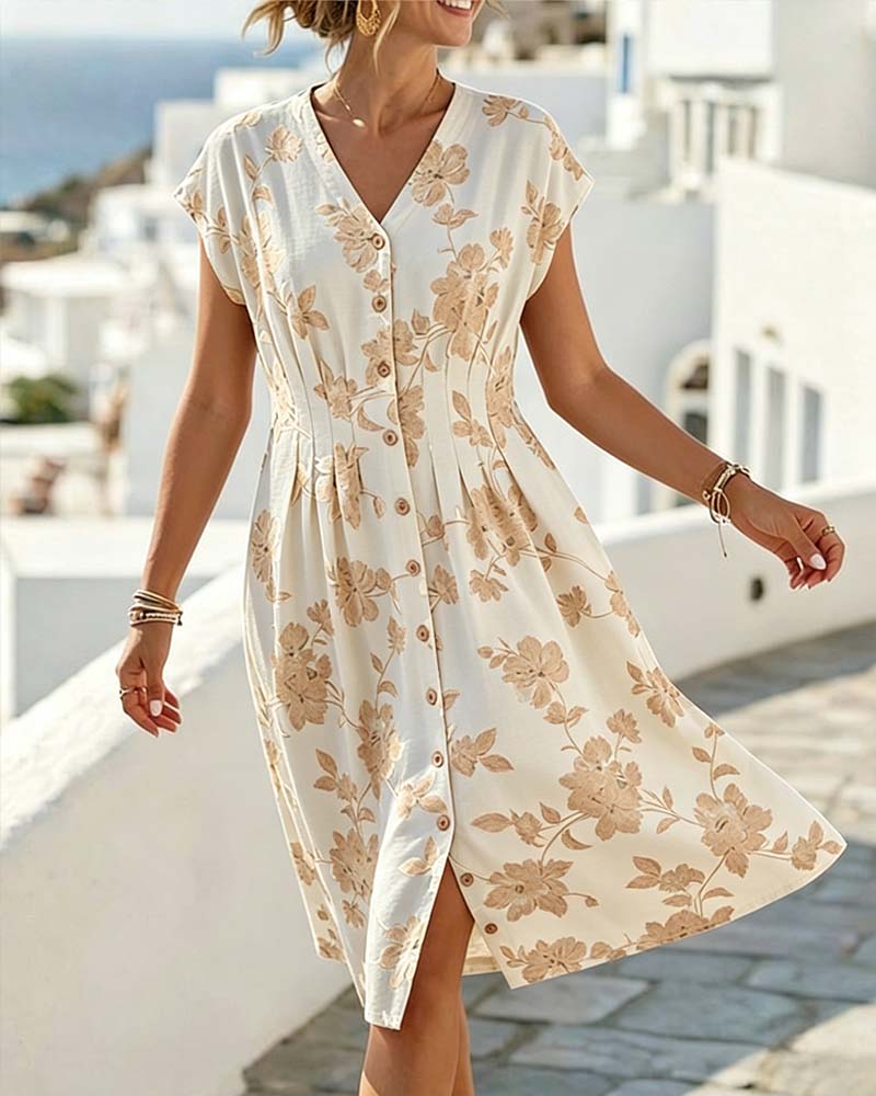Robe Col En V Imprimé Taille Cintrée Boutonnage Devant