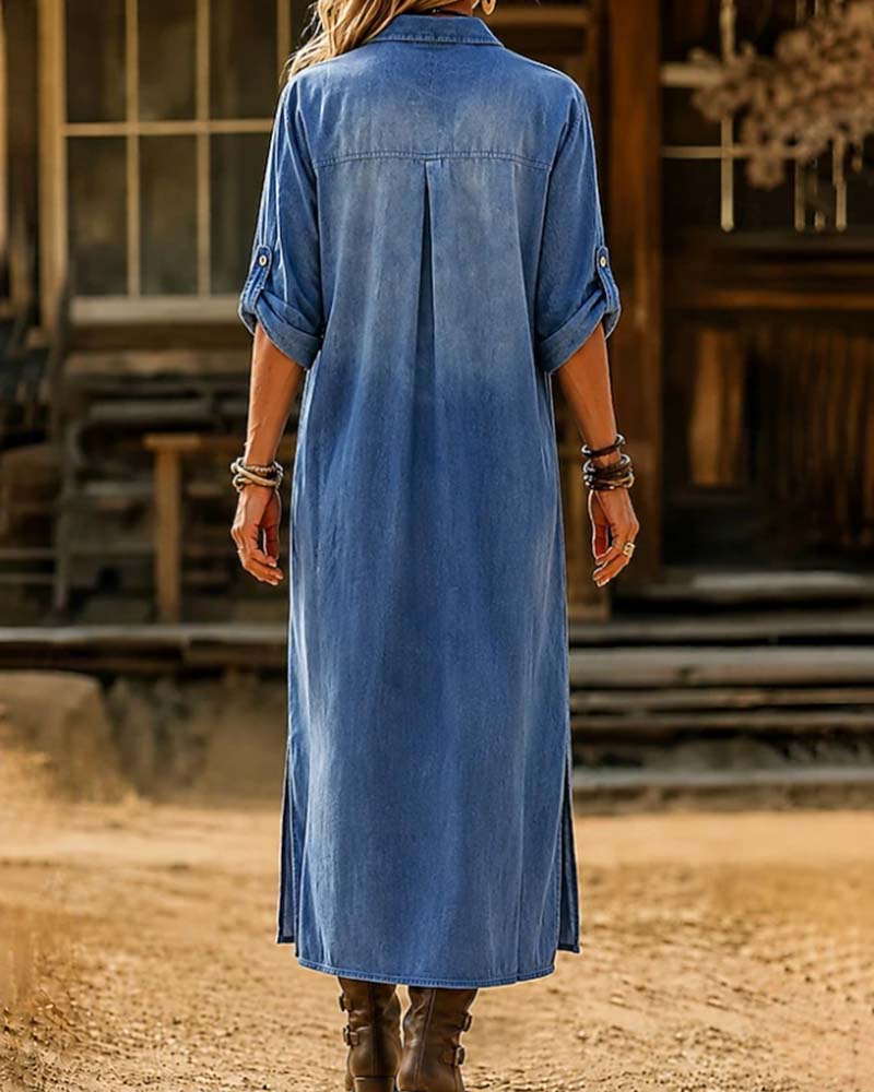 Robe Col Chemise Fente Décontractée