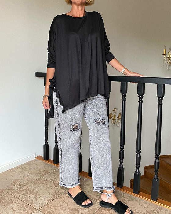 Blouse décontractée à col rond de couleur unie
