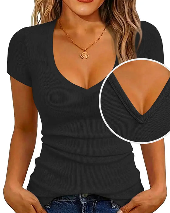 T-Shirt Côtes Slim Fit Col En V Manches Courtes