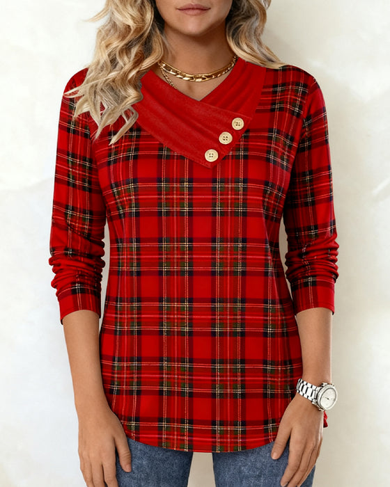 Long-sleeved top with scarf collar and plaid pattern