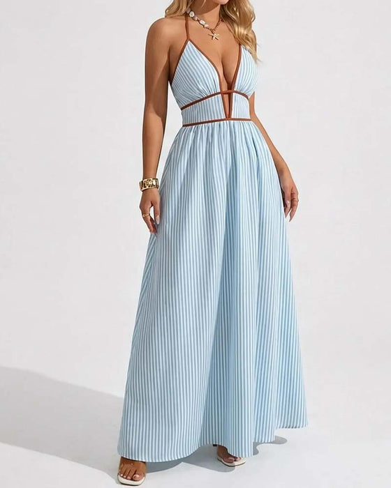 Robes Profond Col V Bretelle Spaghetti Rayure Longue