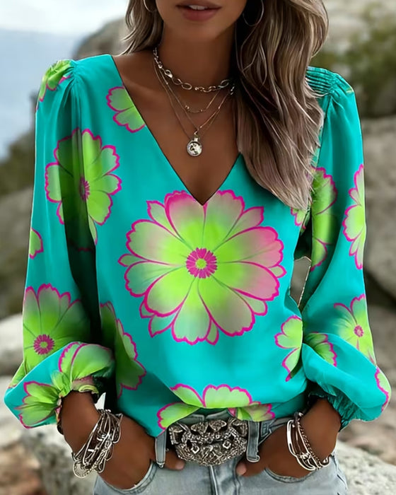 Blouse Bloc De Couleur Grand Imprimé Floral Manche Lanterne