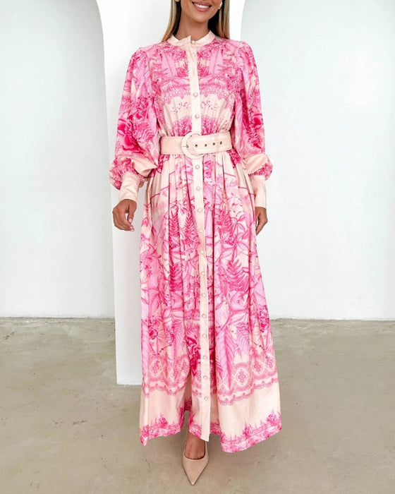 Robe imprimée boutonnée à manches lanternes