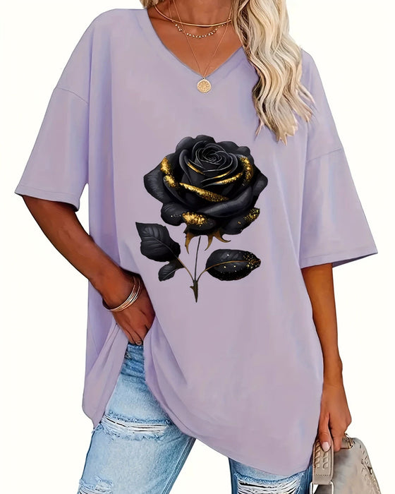 T-Shirt Imprimé Rose Coupe Ample Demi-Manches