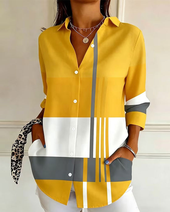 Chemise Géométrique Bloc-Couleur Col Revers Manches Longues