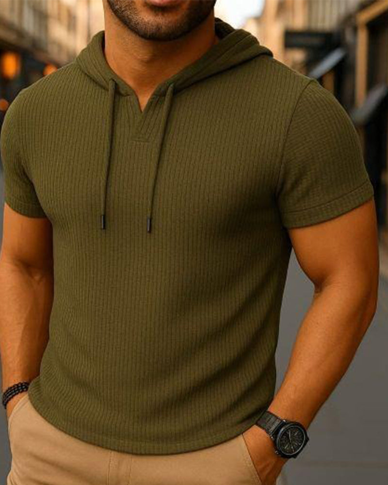 T-Shirt Col V Fente Rayure Verticale Manche Courte Hoodie