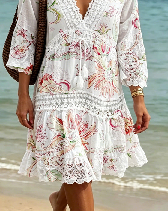 Robe Col V Dentelle Cravate Imprimé
