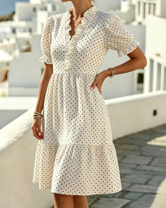 Robe Col V Dentelle Garniture Polka Dot