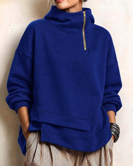 Sweatshirt Col Roulé Fermeture Éclair Irrégulière