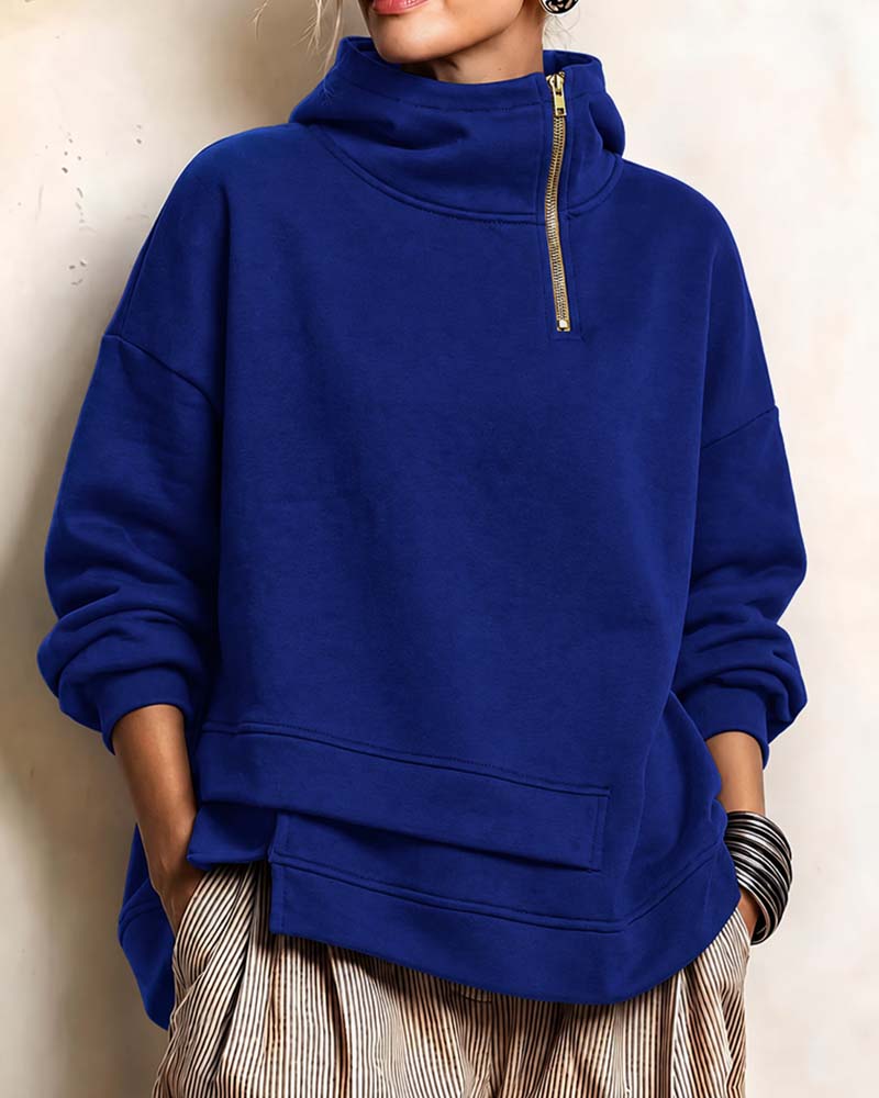 Sweatshirt Col Roulé Fermeture Éclair Irrégulière