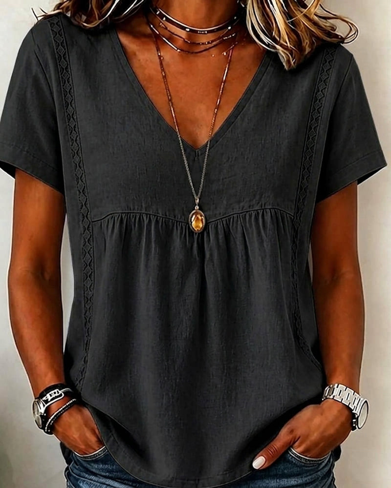Blouse Col V Froncé Manche Courte