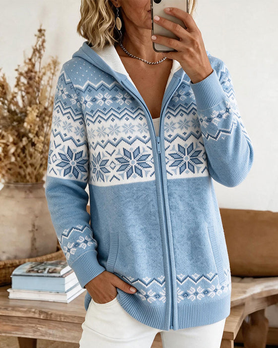 Cardigan À Capuche Fermeture Éclair Flocon De Neige Imprimé