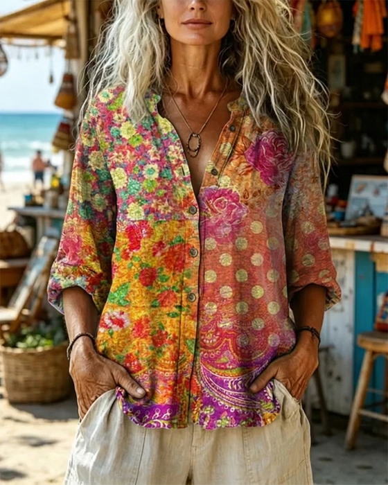 Chemise Vintage Fleurie Imprimé Pois Manches Longues