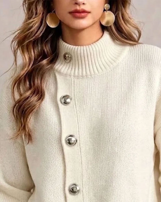 Pull-Over Col Roulé Bouton Diagonal Décontracté