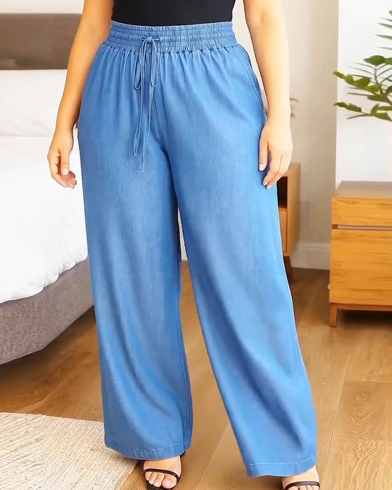 Pantalon Taille Élastique Cordon De Serrage Unie Large Jambe Long