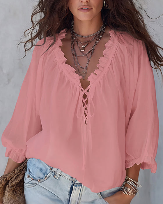Blouse Col V Lacets