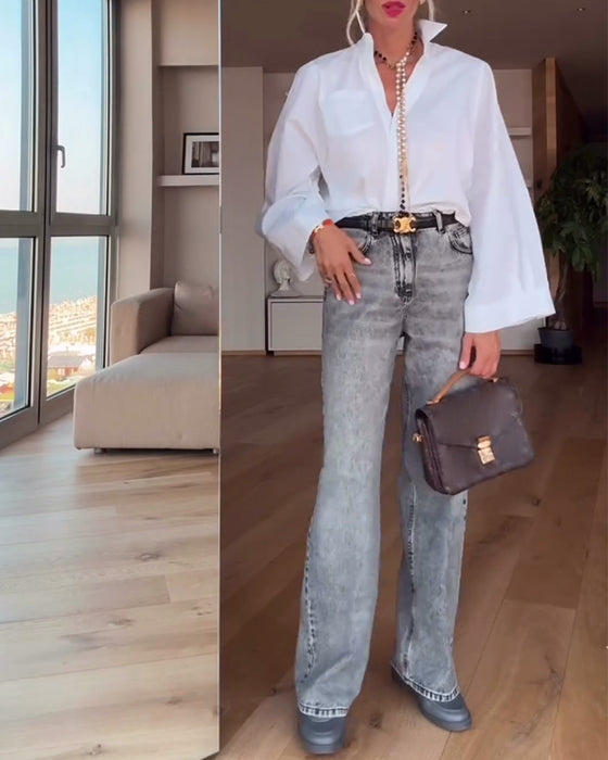 Chemise à revers de couleur unie décontractée