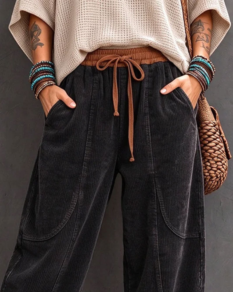 Pantalon Taille Élastique Bloc De Couleur Coupe Courte Jambe Large