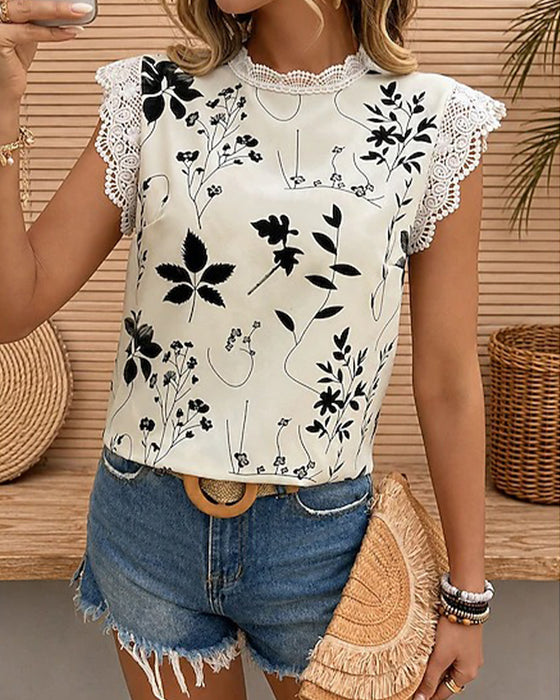 Blouse Dentelle Garniture Col Rond Sans Manches