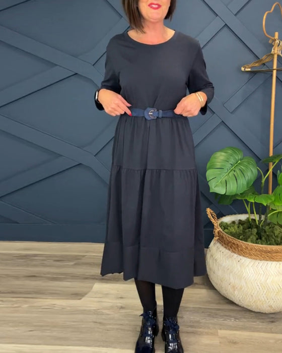 Robe décontractée de couleur unie à col rond et patchwork