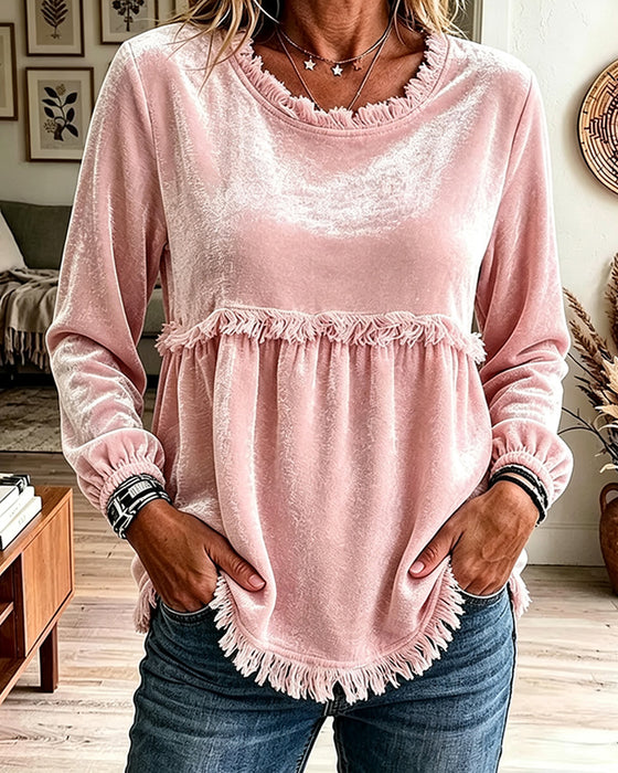 Blouse Frange Froncée Panneau Manches Longues