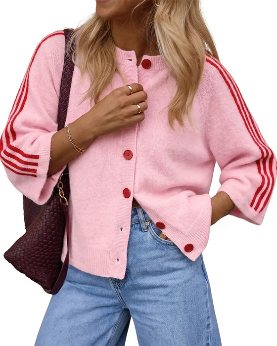 Cardigan Rayé 3/4 Manche Bouton