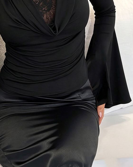 Haut Col Claudine Panneau Dentelle Manche Évasée