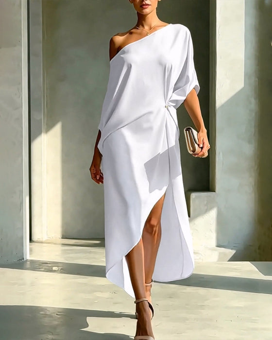 Robe Off-Épaule Froncée Irrégulière Unie