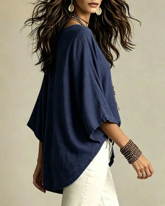 Blouse Col V Manches Trois-Quarts Lâche