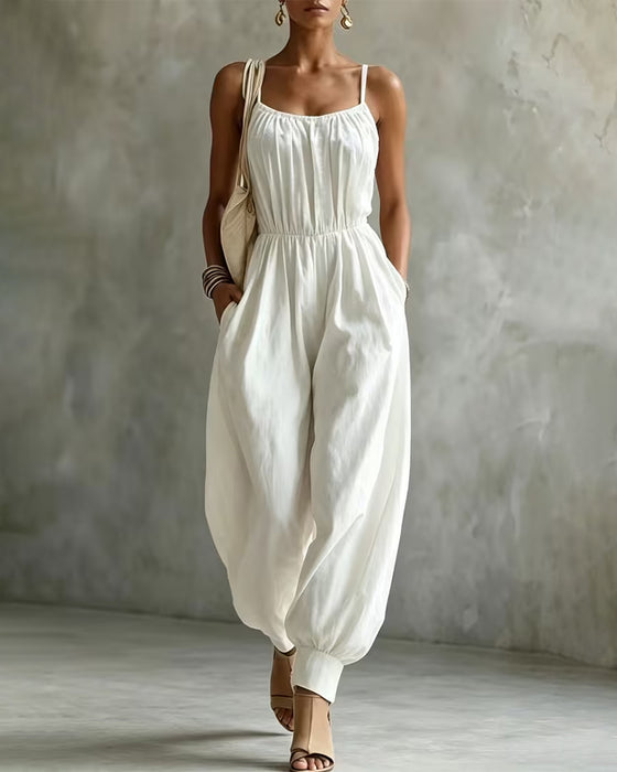 Jumpsuit Bretelle Spaghetti Plissé Cintré Jambe Large
