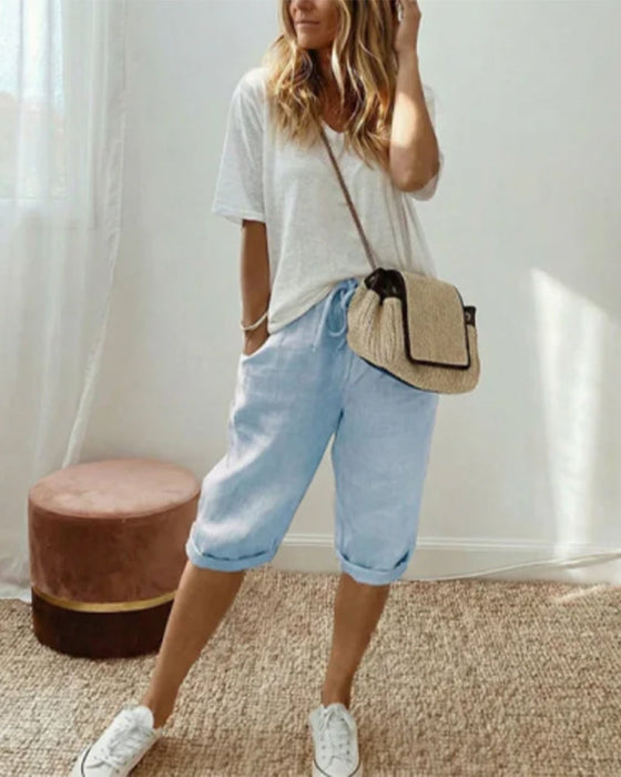 Pantalon confortable avec cordon de serrage de couleur unie