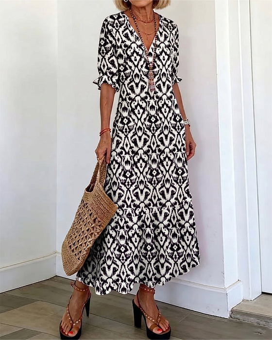 Robe Col En V Manches Mi-Longues Volant Coupe A