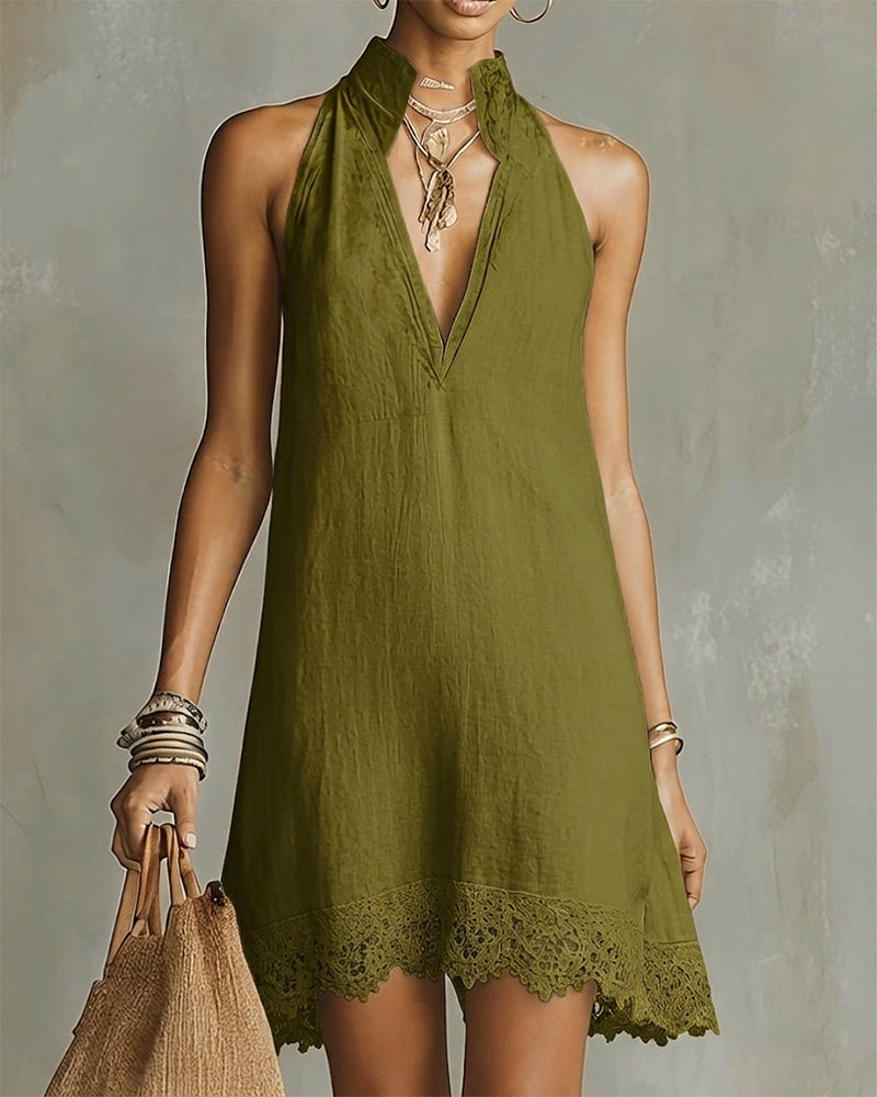 Robe Col V Dentelle Garniture Courte