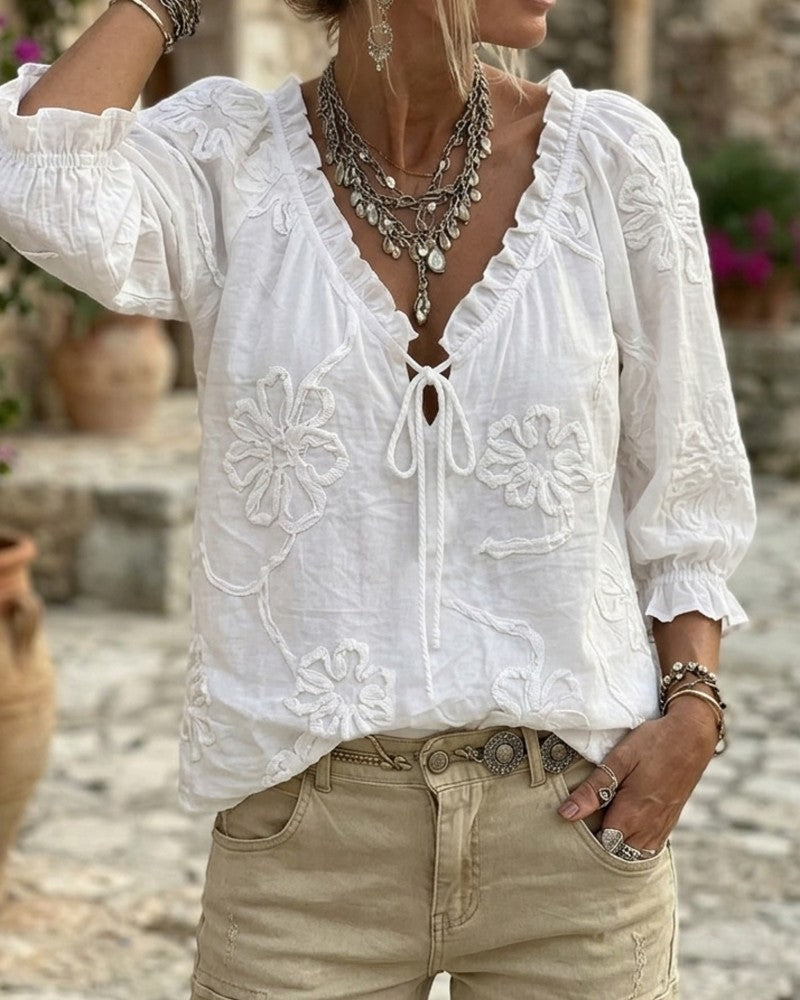 Blouse 100% Coton Col-V Enveloppante À Nœud Volantée