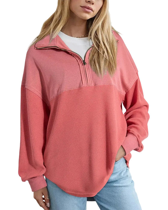 Sweatshirt Demi Fermeture Éclair Gaufré Patchwork