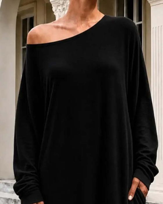 Robe Asymétrique Off-Shoulder Manche Longue Poche Maxi