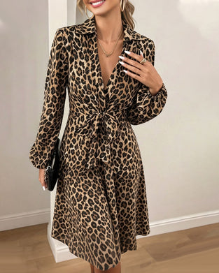 Robe Imprimé Léopard Revers Taille Sangle Chemise
