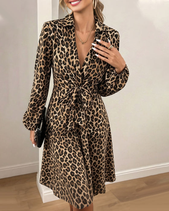 Robe Imprimé Léopard Revers Taille Sangle Chemise