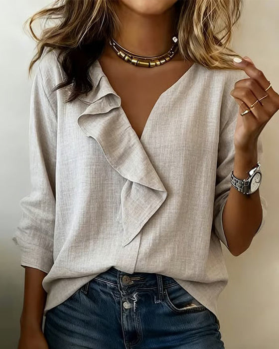 Chemisier À Volants Unie Manches Longues