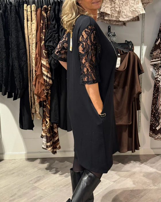 Robe Élégante Col V Robe À Manches En Dentelle