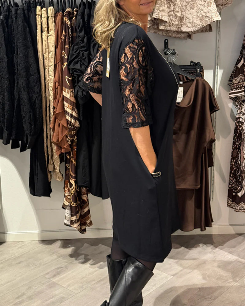 Robe Élégante Col V Robe À Manches En Dentelle