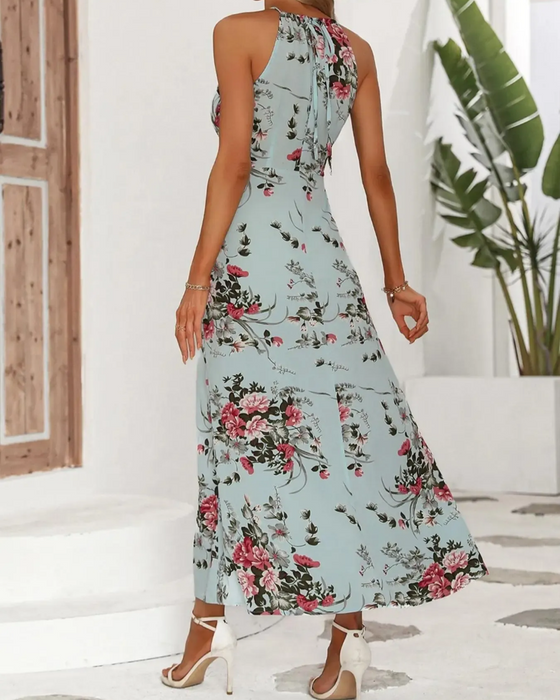 Robe Halterneck Fente Tailleur Imprimé Fleuri