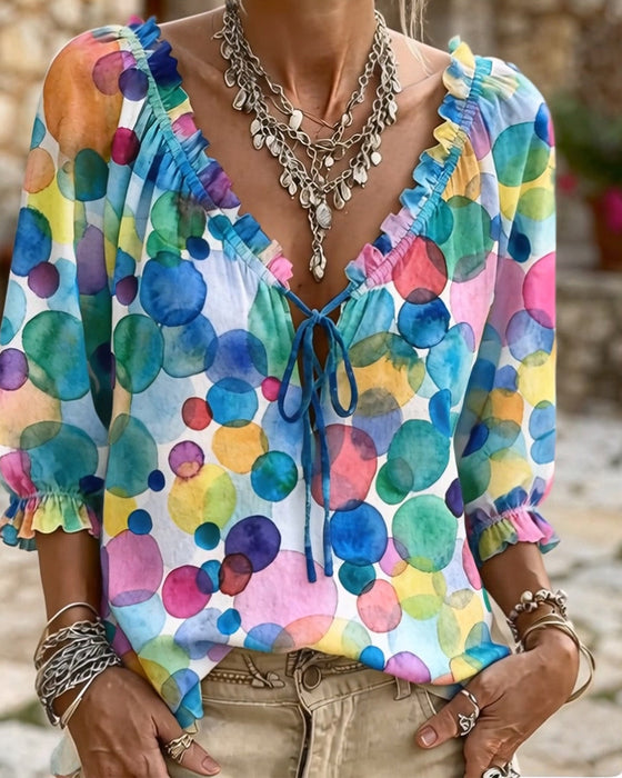Blouse Col V À Manches À Volants